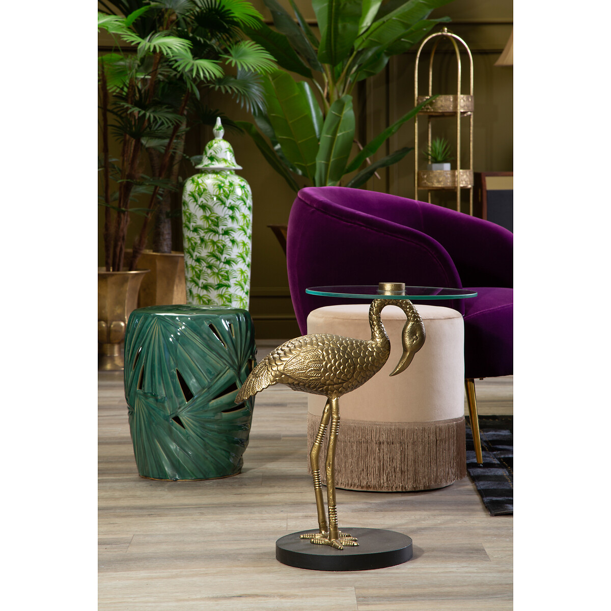 Palm Leaf Textured Green Ceramic Side Table green, SO'HOME