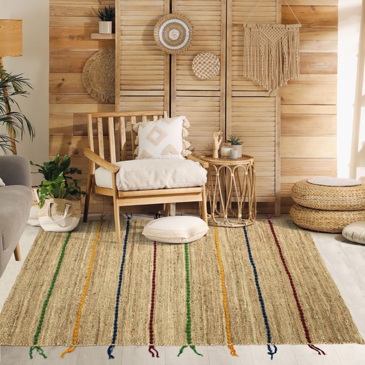 Tapis jute avec tresses en laine COLOR JUTE - style bohème multicolore, THE DECO FACTORY