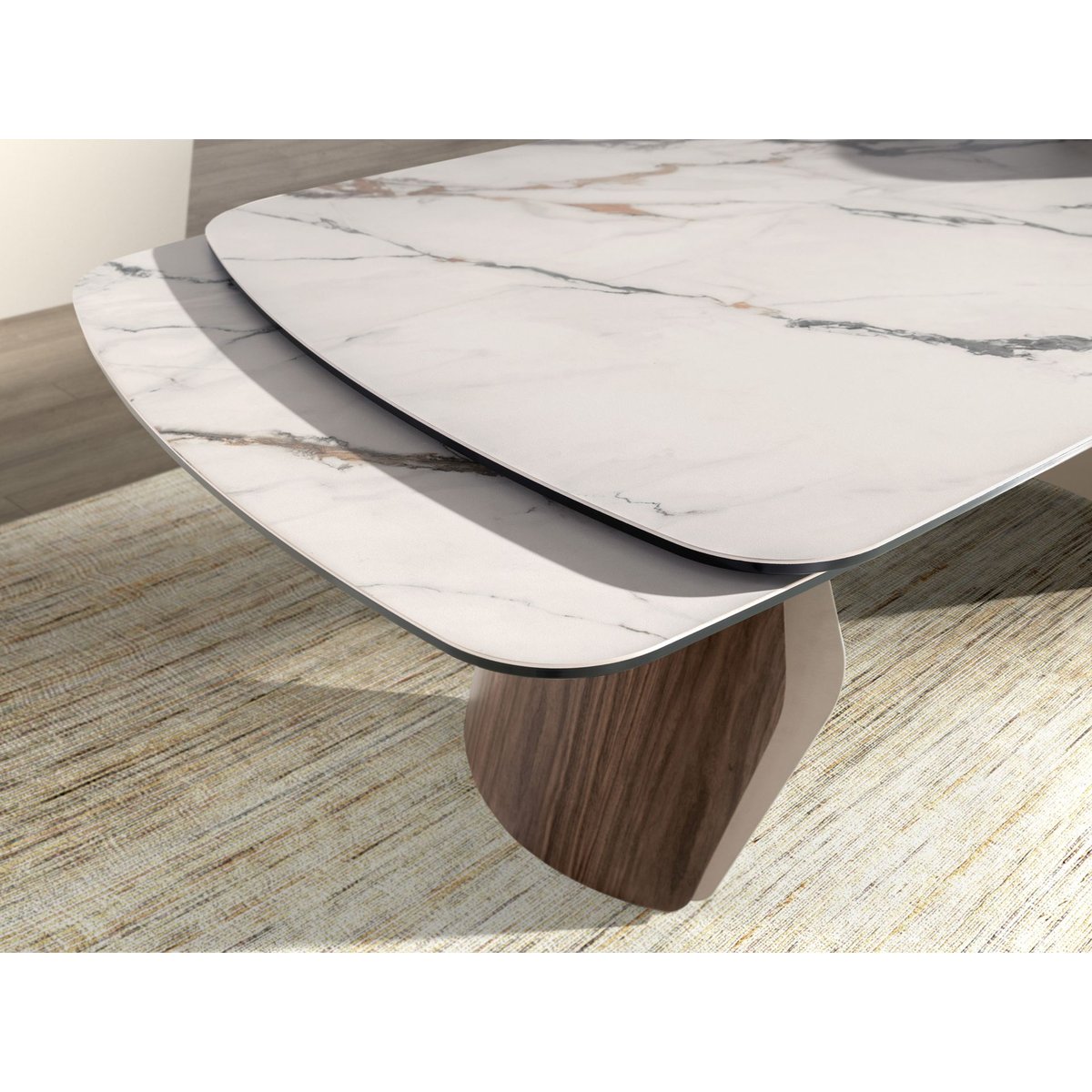 Table de salle à manger extensible ovale en forme de tonneau en marbre porcelanique, acier et bois blanc | sable | noyer, ANGEL CERDA