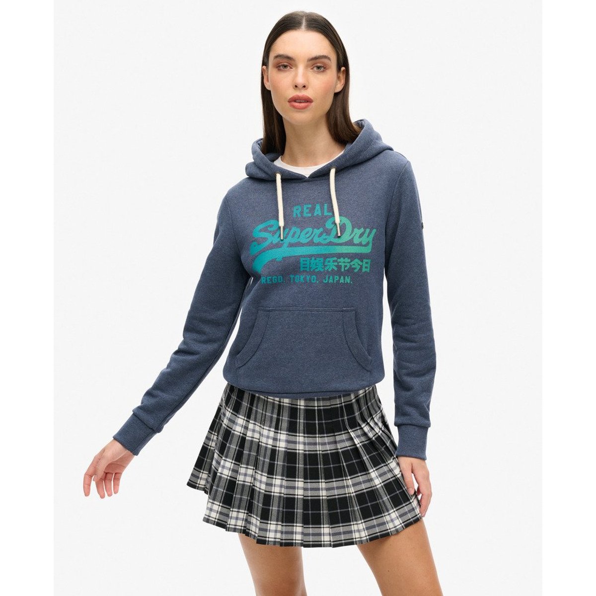 Sweat à capuche Vintage Logo ton sur ton indigo chiné, SUPERDRY