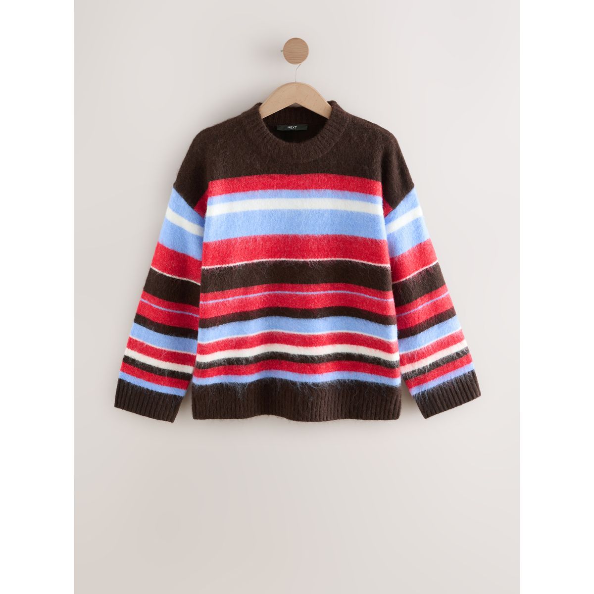 Pull col rond brossé marron chocolat/rayures multiples, NEXT