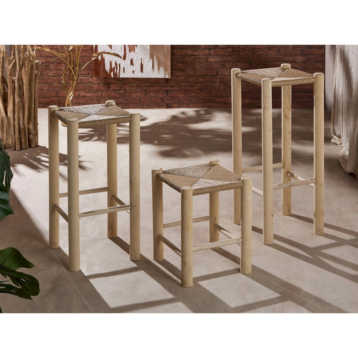 Tabouret en bois, assise en corde tressée bois naturel et corde claire, RECOLLECTION