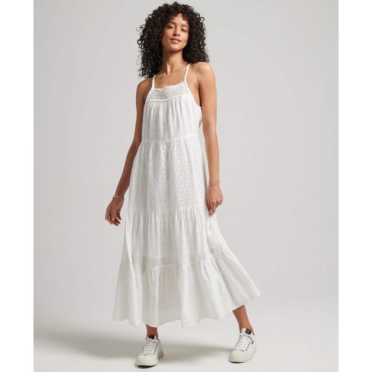 Robe caraco longue à dentelle Vintage blanc éclatant, SUPERDRY