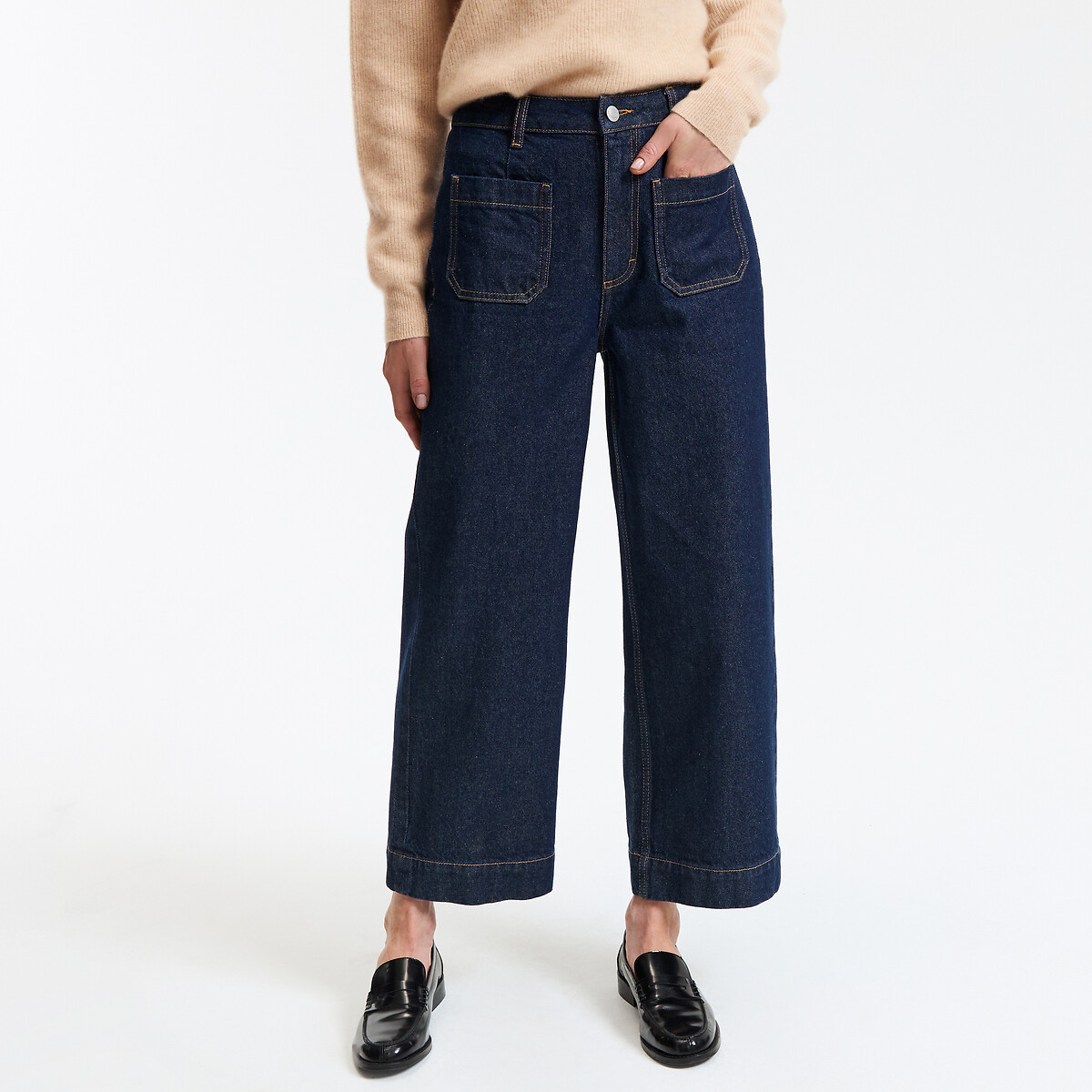 Wijde denim jeans, hoge taille, bijgesneden vorm ruw blauw, LA REDOUTE COLLECTIONS