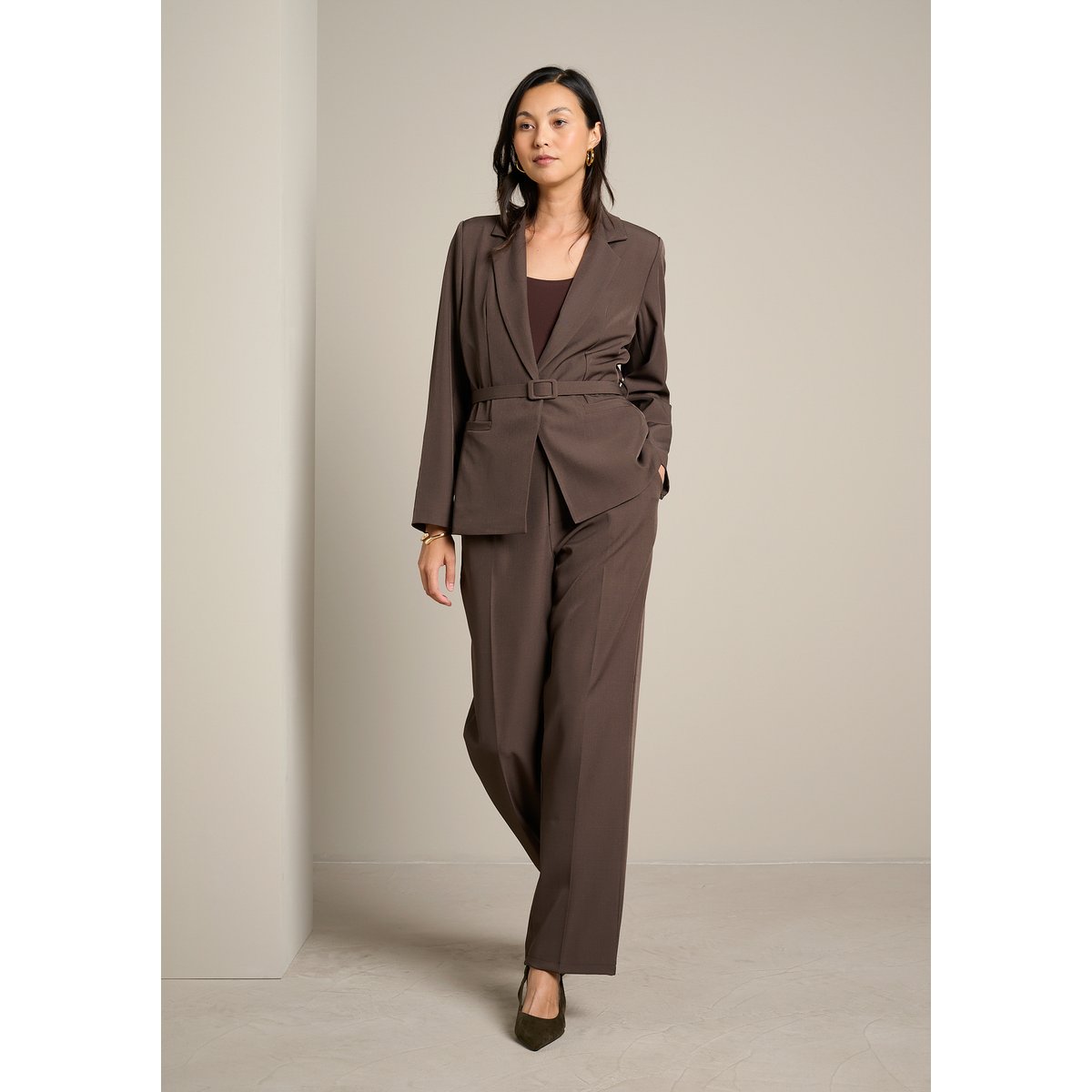 Pantalon tailleur fluide brun fonce chocolate, LOLALIZA