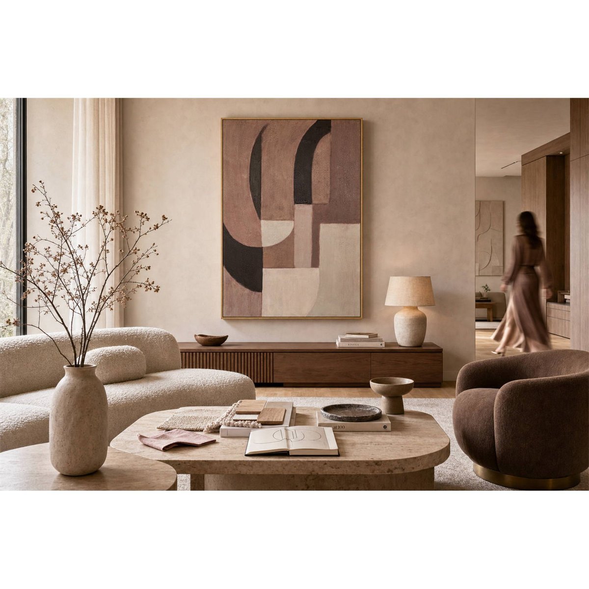 Tableau mural abstrait texturé sur toile brun, beige et noir avec cadre bois clair, RECOLLECTION