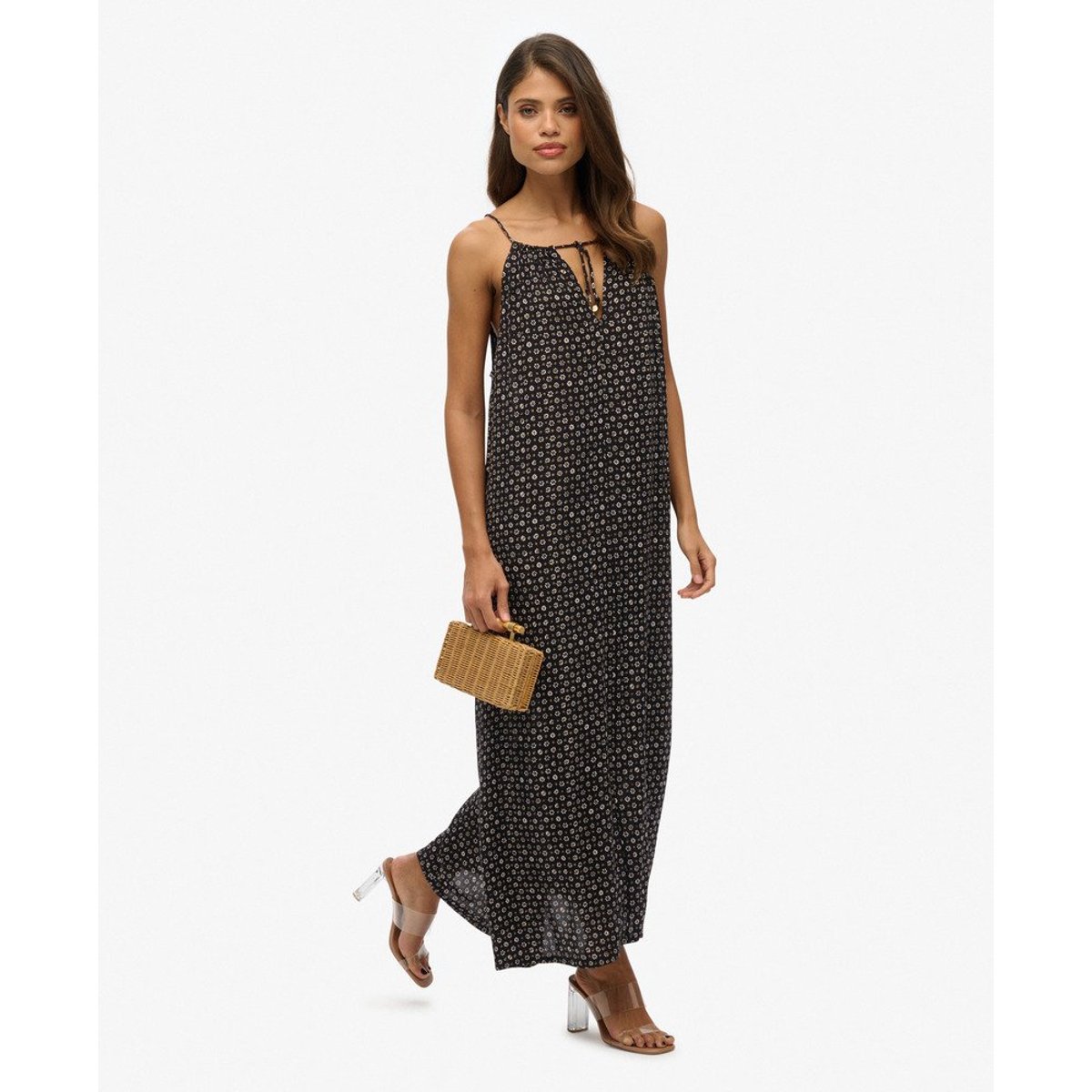 Robe longue caraco de plage noir à pois et pâquerettes, SUPERDRY