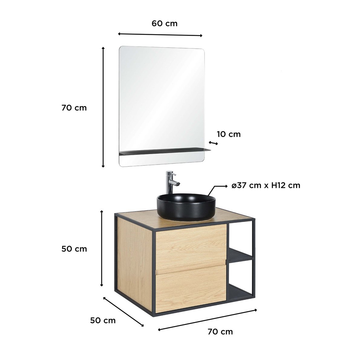 Ensemble meuble simple vasque 70 cm + vasque + miroir EDISSON chêne - ppm - mat, MOB IN
