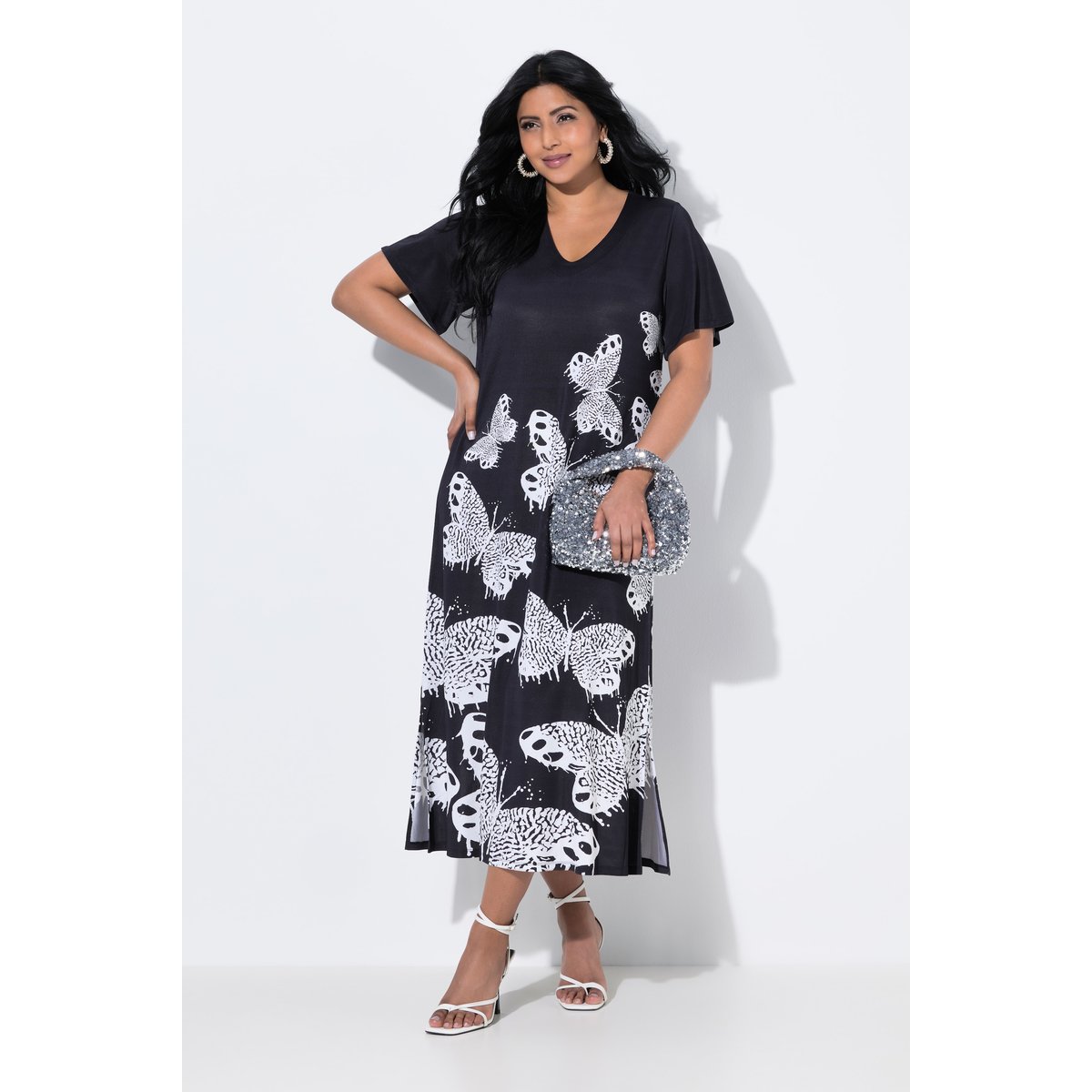 Robe midi fluide, motif papillons noir, ULLA POPKEN