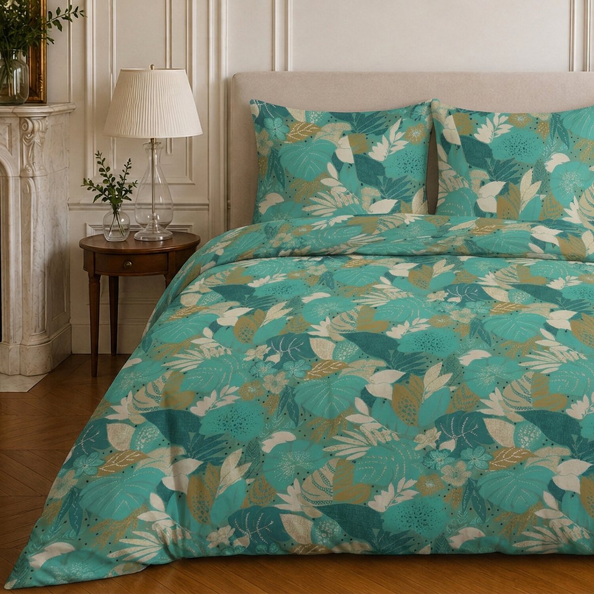 Parure de lit en microfibre motif tropical, IVY vert sauge, C DESIGN HOME TEXTILE