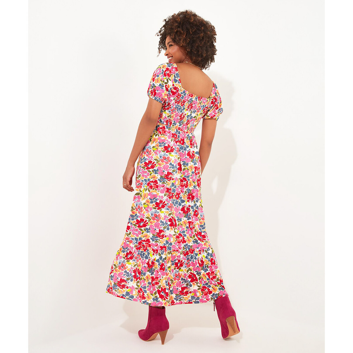 Blossom Floral Print Dress with Square Neck print/ecru background, JOE BROWNS
