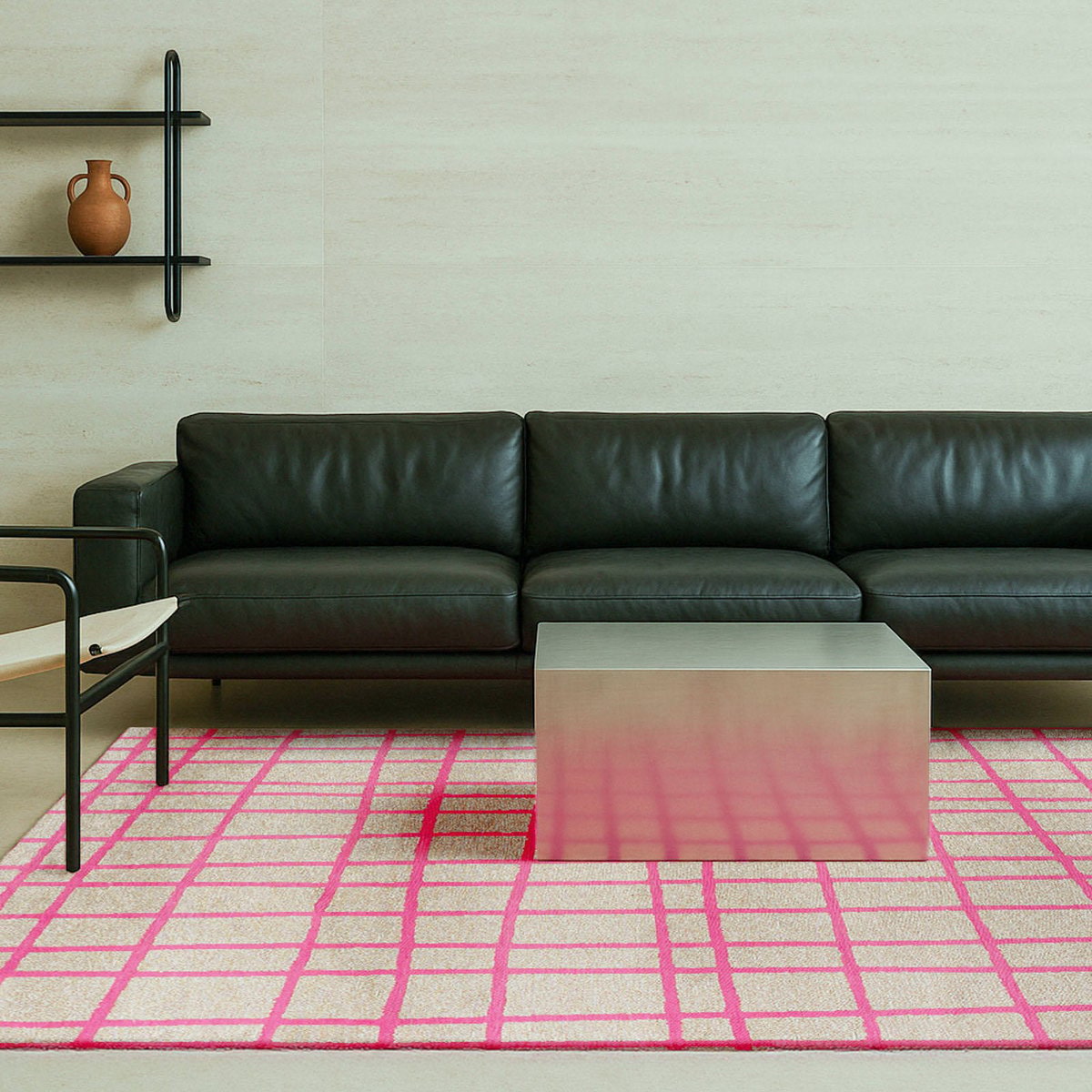 Tapis intérieur extérieur jacquard, CARO rose fuchsia sur fond beige clair, RECOLLECTION