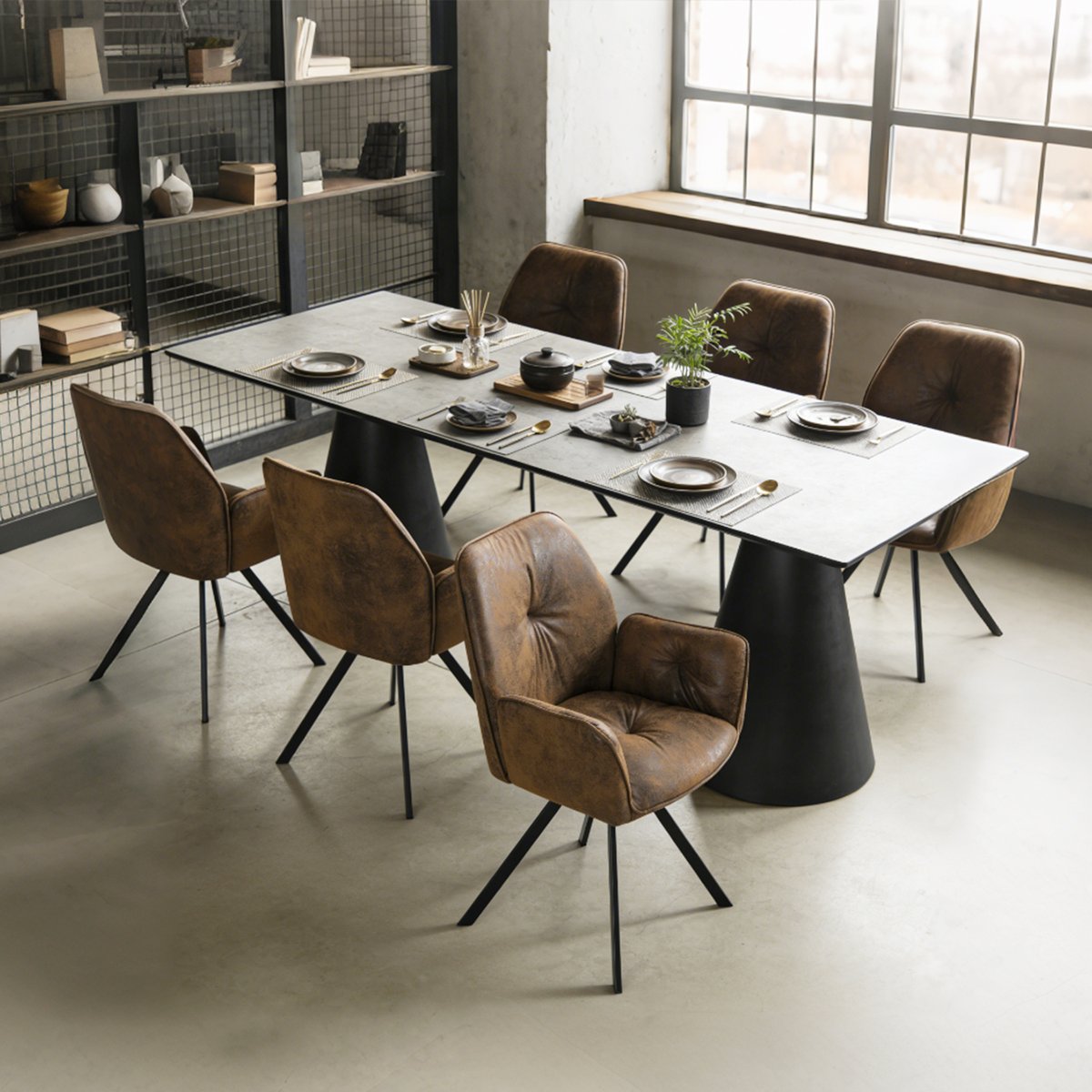 Lot de 6 chaises de salle à manger rotatif fauteuil industriel, CALF marron, MEUBLES COSY