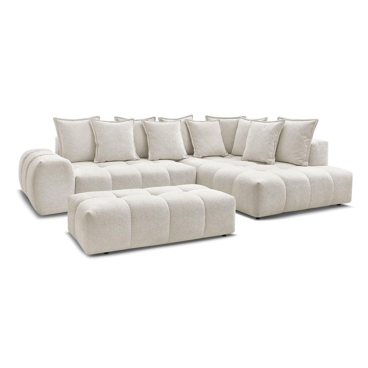 Canapé d'angle convertible 4 places en tissu chiné avec pouf, EVEREST blanc, BOBOCHIC