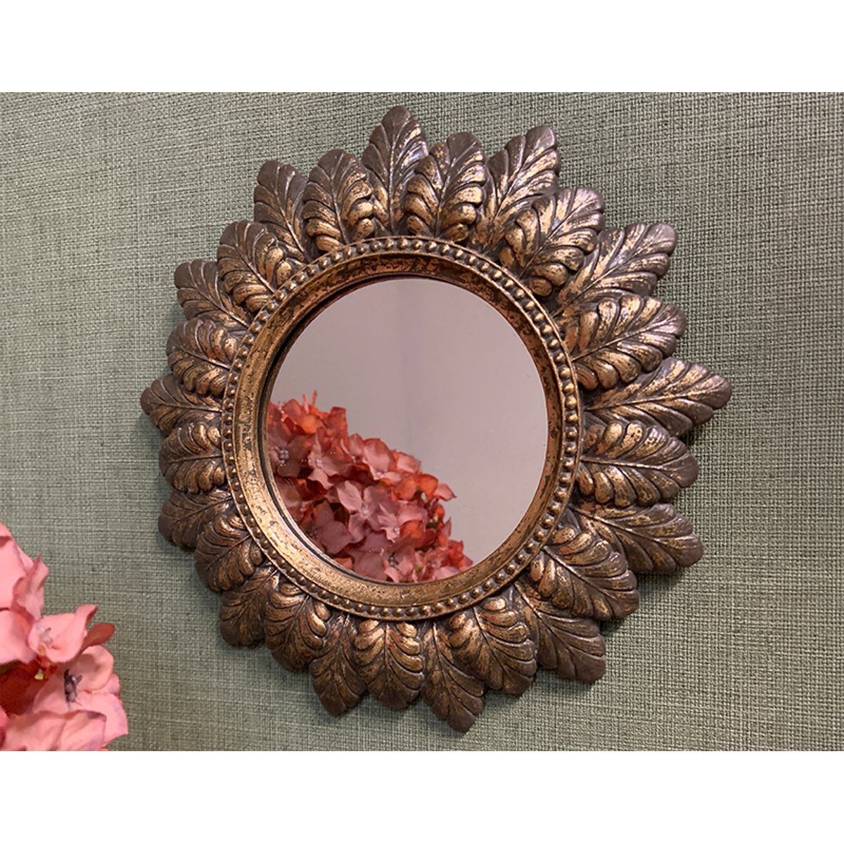 Miroir plumes rond patiné 18.6cm or, EMDE