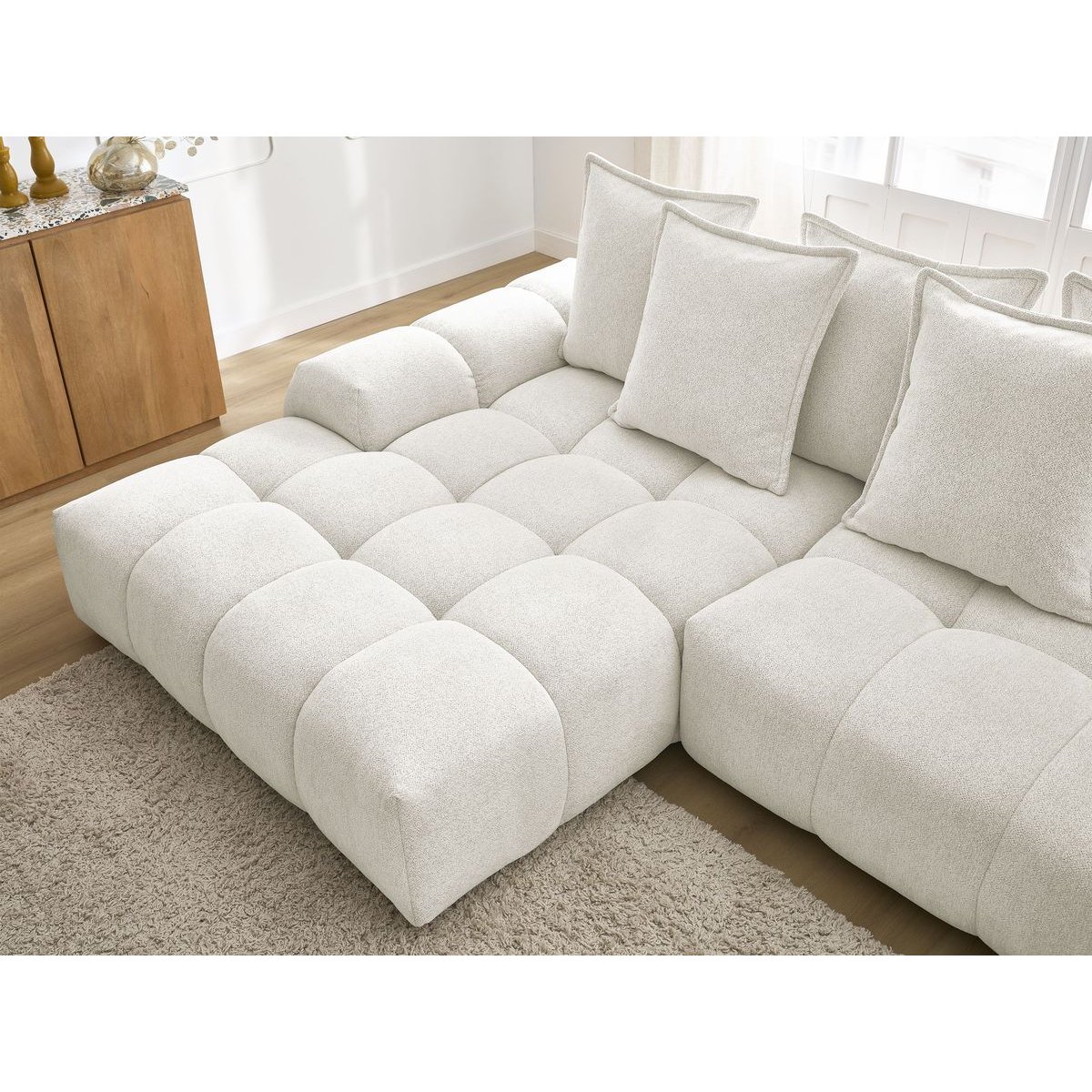 Canapé d'angle convertible 3 places en tissu chiné, EVEREST blanc, BOBOCHIC