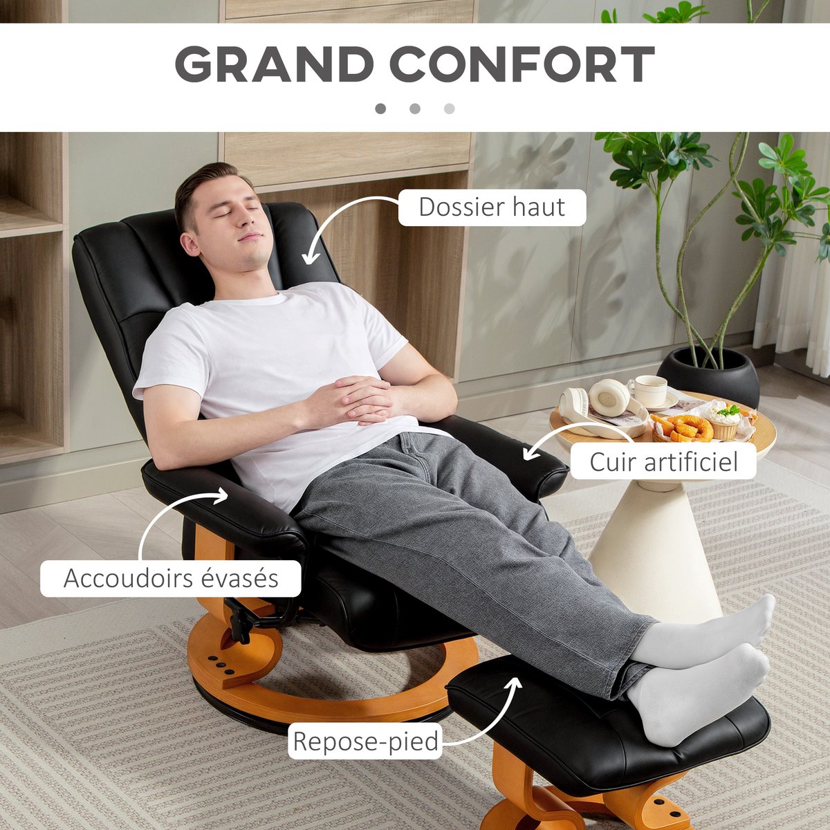 Fauteuil inclinable avec repose-pieds noir, effet bois naturel, HOMCOM
