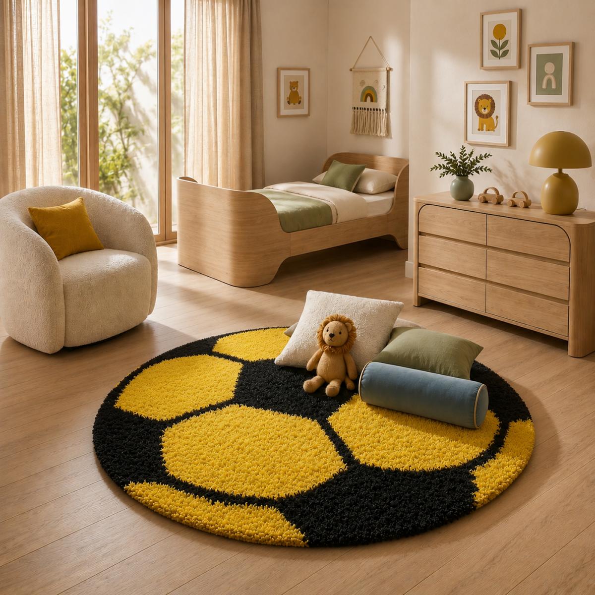 Tapis enfant tissé SHAGGY FOOT jaune, noir, UN AMOUR DE TAPIS