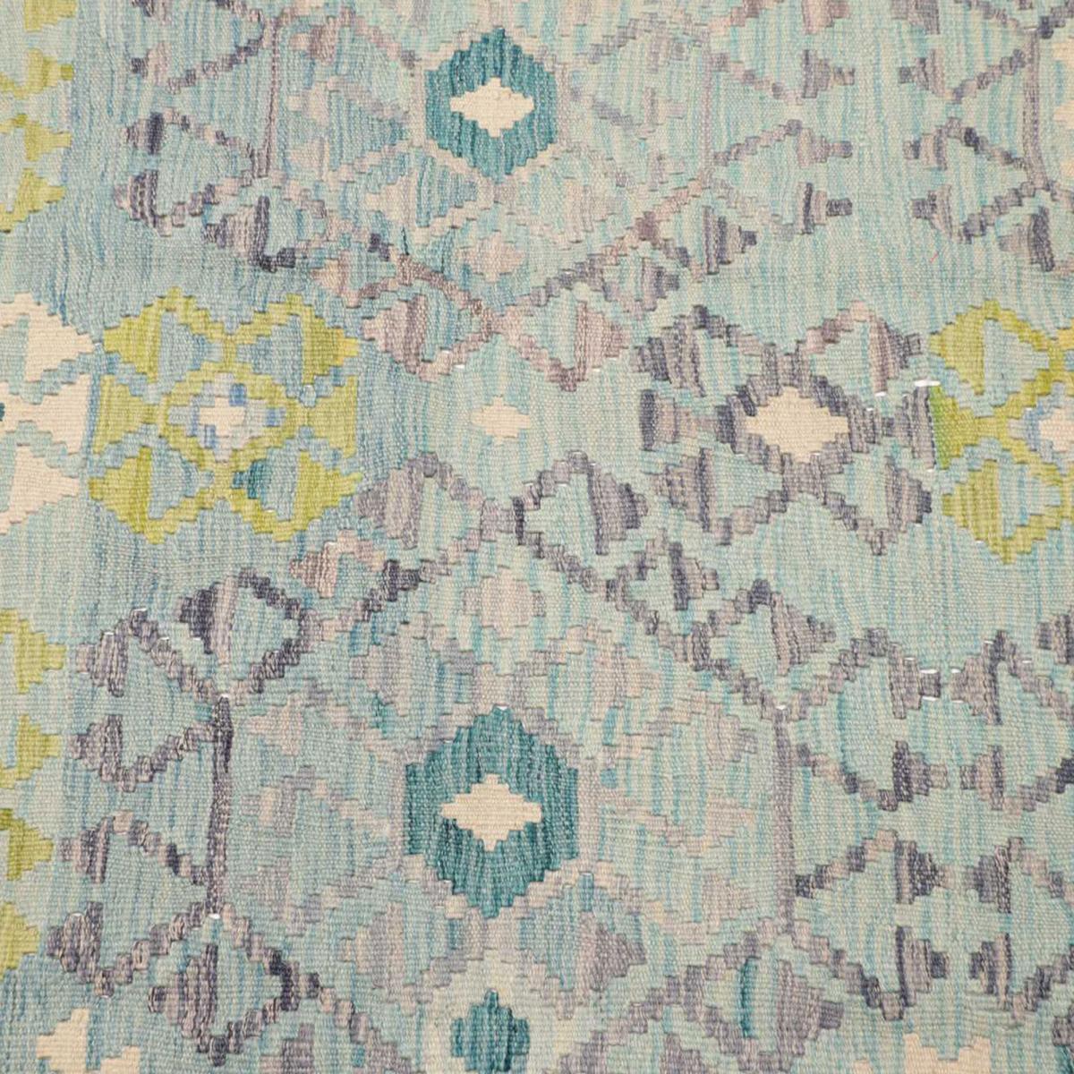 Tapis d'orient géométrique, tissé plat en laine, KILIM 14 bleu, gris, vert, UN AMOUR DE TAPIS