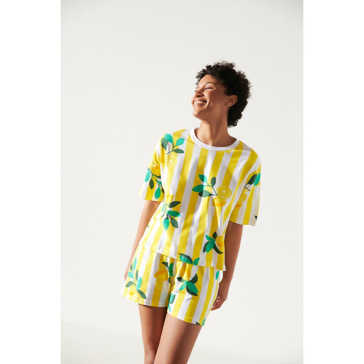 Pyjama coton imprimé citrons rayures jaune rayures citrons, WE ARE JOLIES