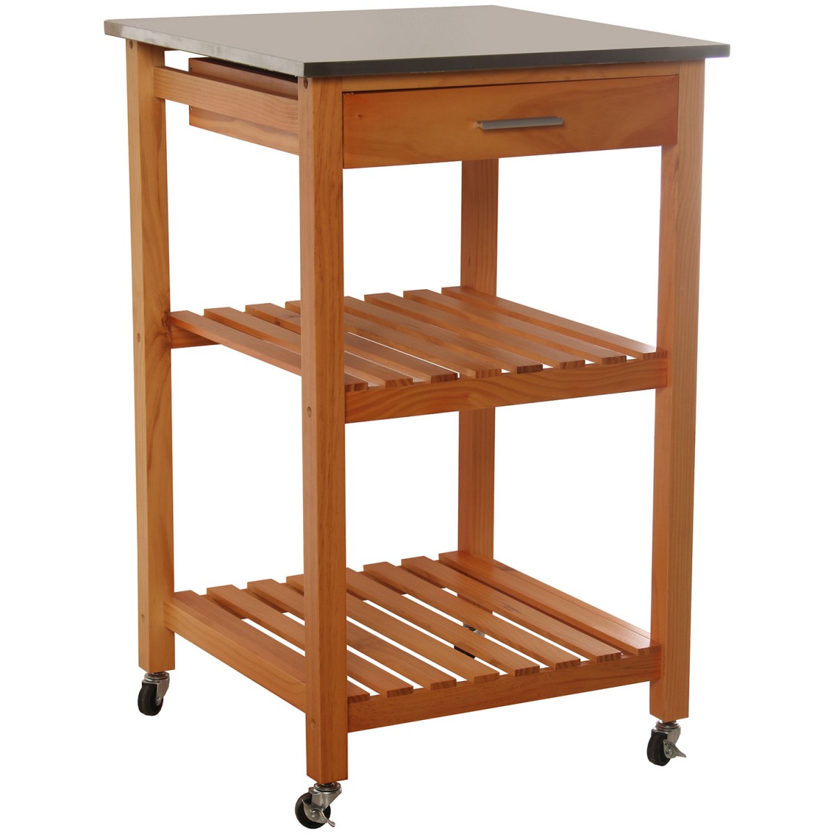 Desserte de Cuisine sur Roulettes en Bois Plateau Inox 1 Tiroir + 2 Étagères bois, WADIGA