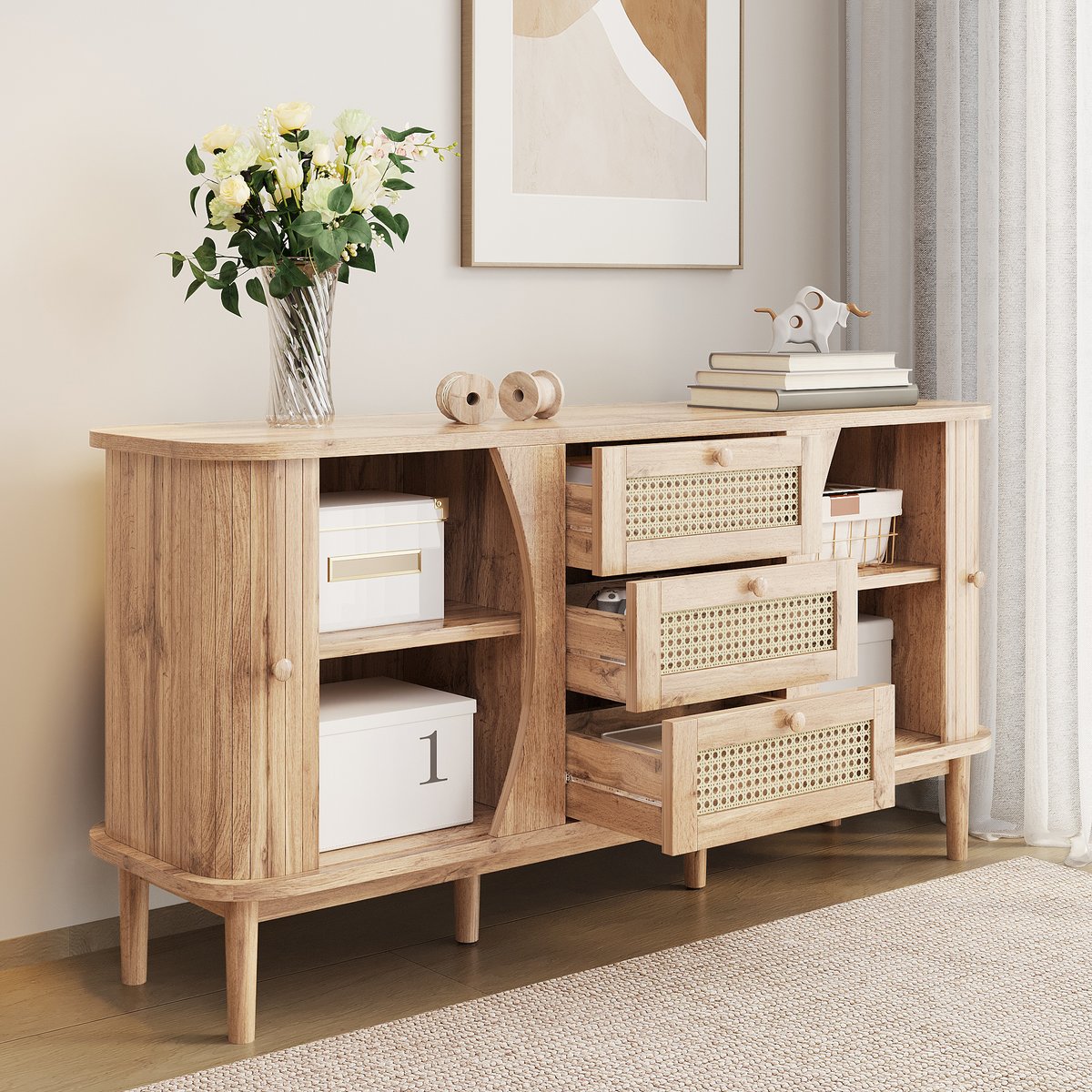Armoire de rangement avec 2 portes 4 couches et 3 tiroirs ovale style scandinave, KIMIA Armoire chêne, MEUBLES COSY
