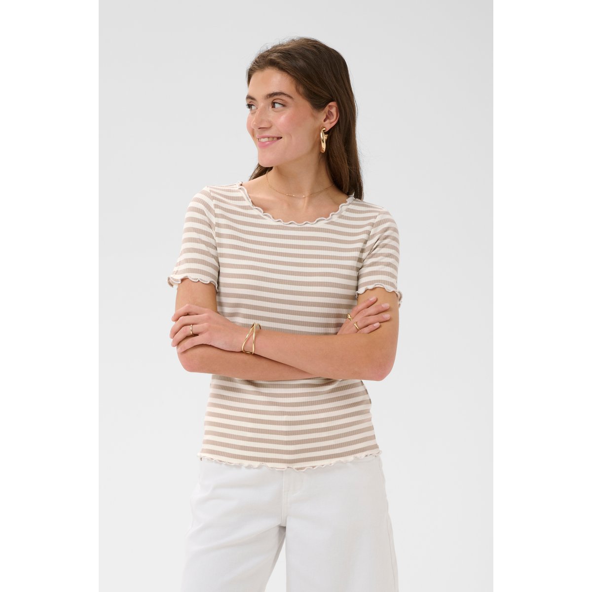 T-shirt à manches courtes beige feather gray white stripe, CREAM