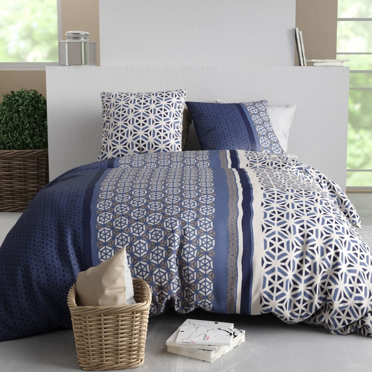 Housse de couette 260x240 + 2 taies en coton 57 fils bleu, DECORATIE