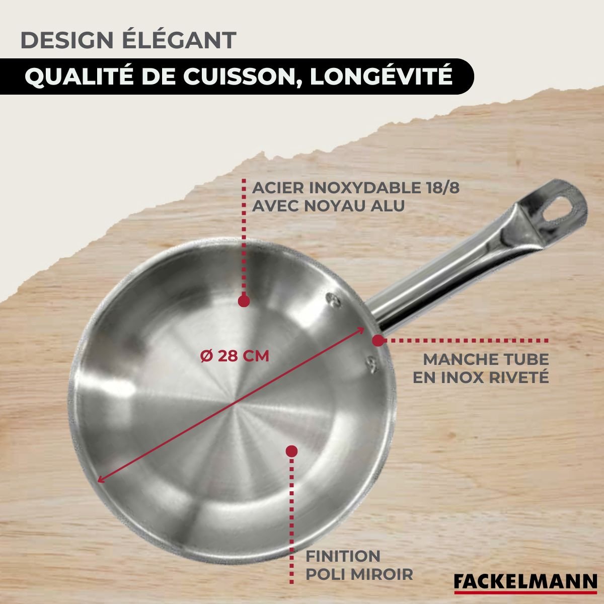 Set de 1 poêle 28 cm en inox et 6 ustensiles ETERNA inox|noir, FACKELMANN