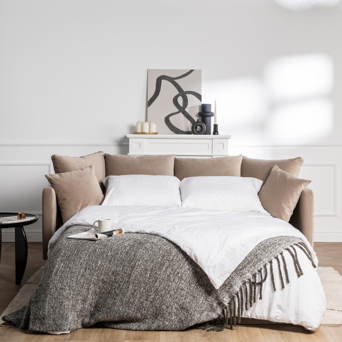 Canapé convertible 4 places en velours pieds épingles noirs- VILLABON beige, DRAWER