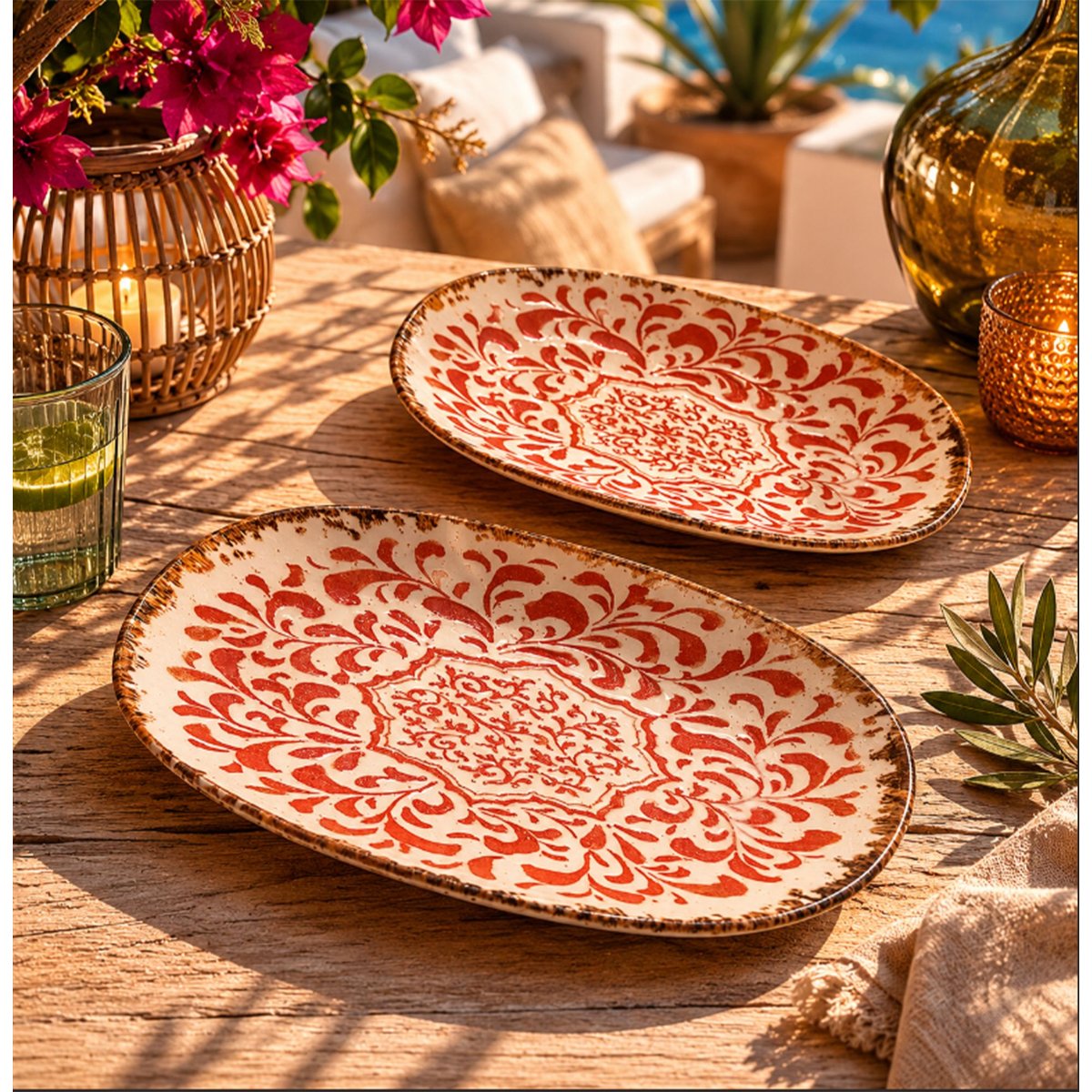 Lot de 6 assiettes ovales 19cm en porcelaine, PALAZZO rouge, OGO LIVING