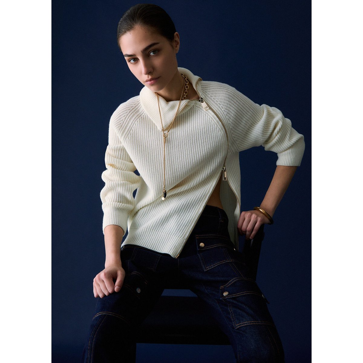 Pull en laine avec zip blanc laine, LIU JO