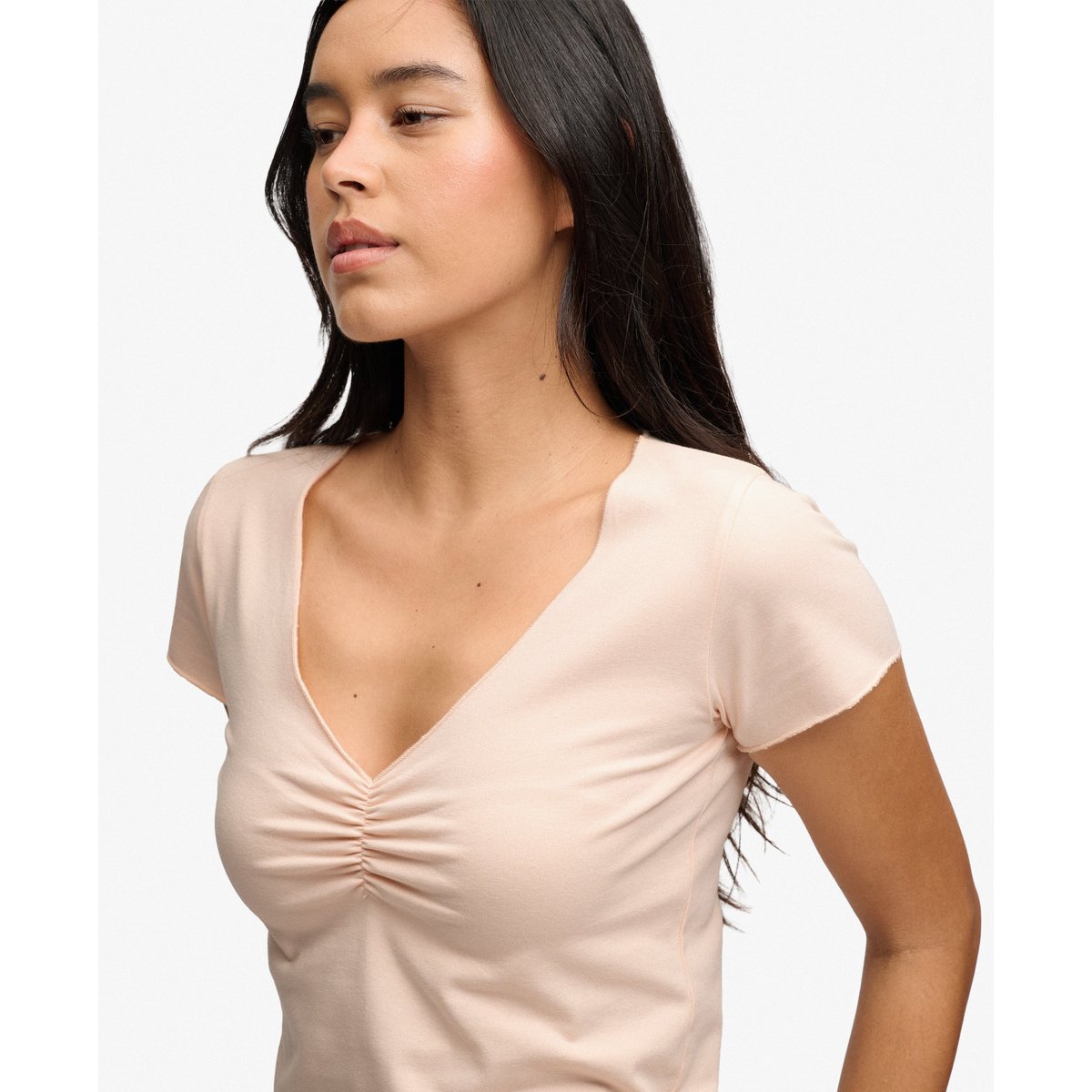 T-shirt Crop Col V Froncé Coupe Ajustée rose poudré, SUPERDRY