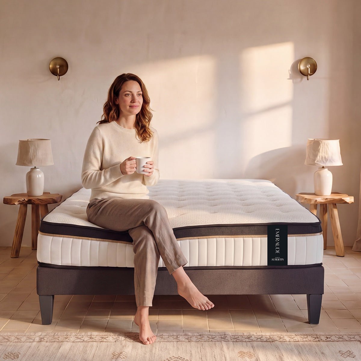 Ensemble Matelas EMERAUDE Mémoire et sommier tissu - 24 cm d'épaisseur - Accueil moelleux, soutien mi-ferme blanc, MAISON AUBERTIN
