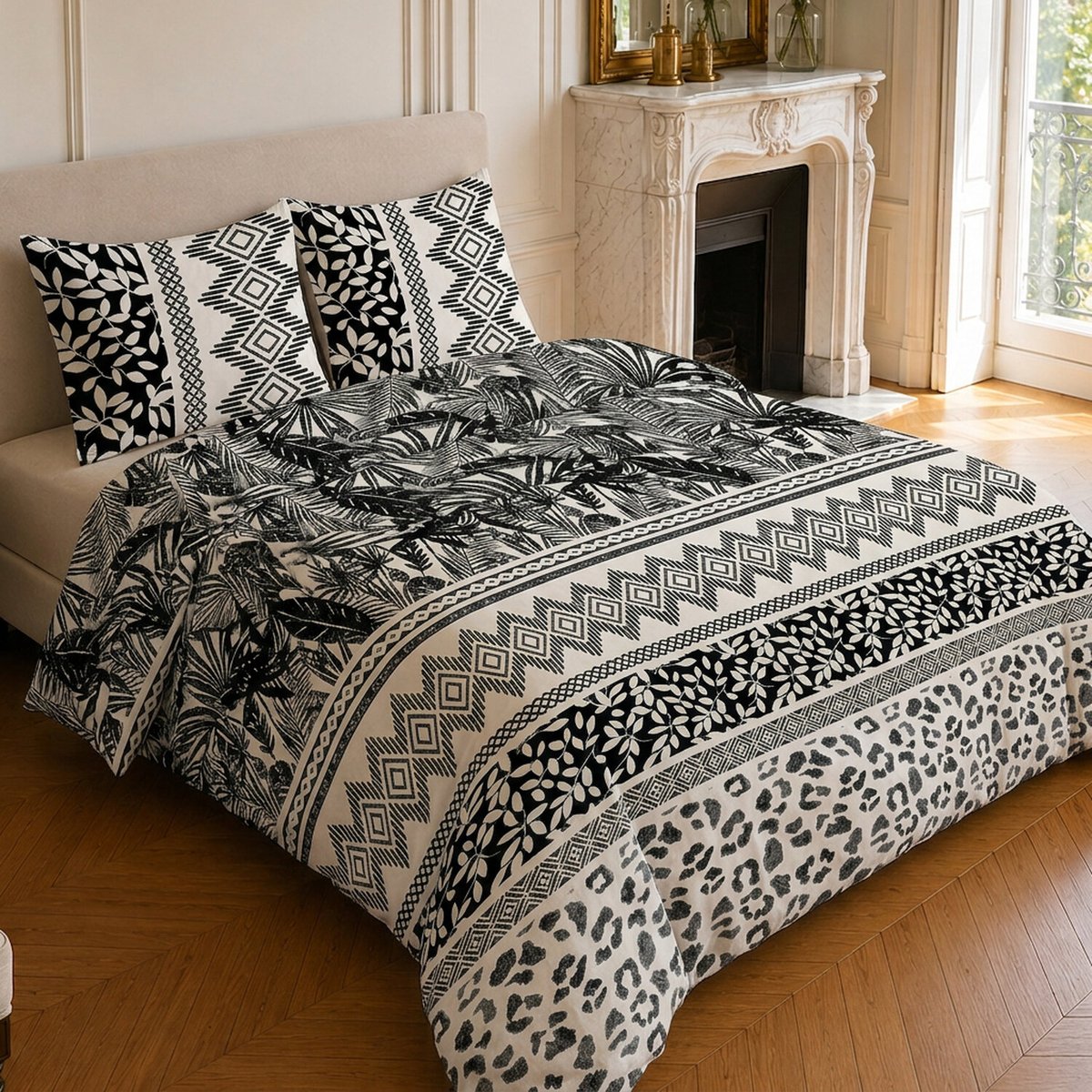 Parure de lit en microfibre motif géométrique, LAVANE blanc / noir, C DESIGN HOME TEXTILE