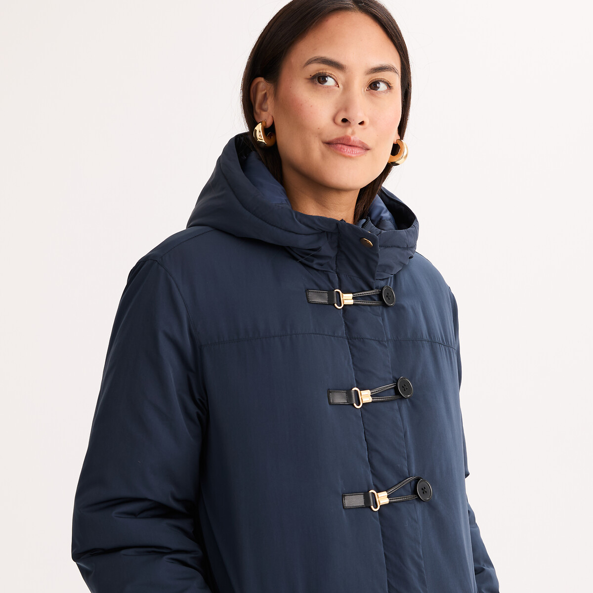 Parka mi-longue, à brandebourgs et capuche bleu marine, ANNE WEYBURN