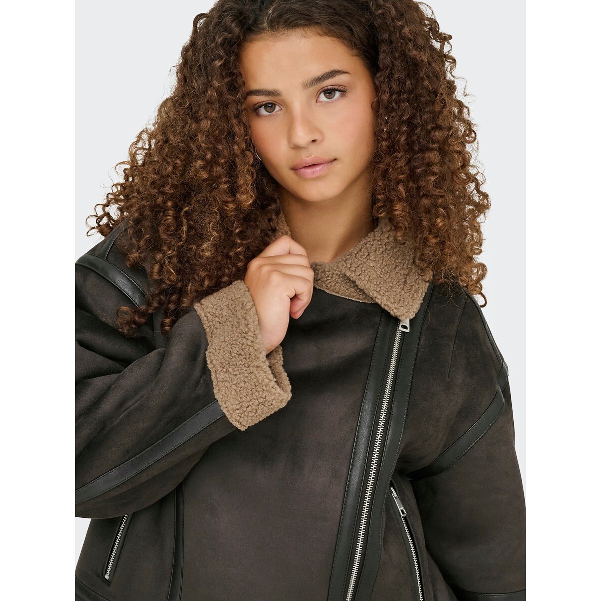 Manteau court esprit motard doublé sherpa chocolat, ONLY