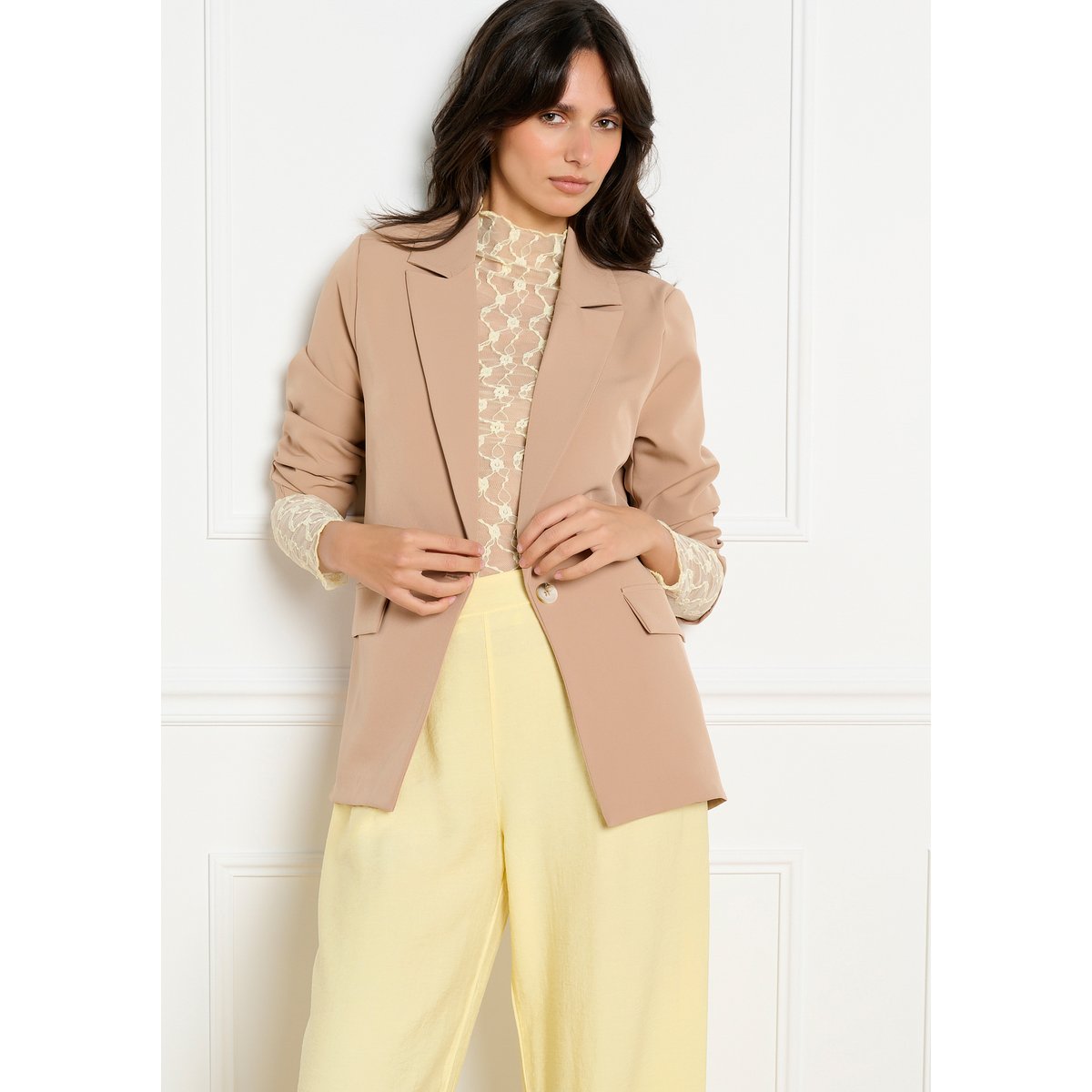 Top en mesh manches longues jaune pastel, LOLALIZA