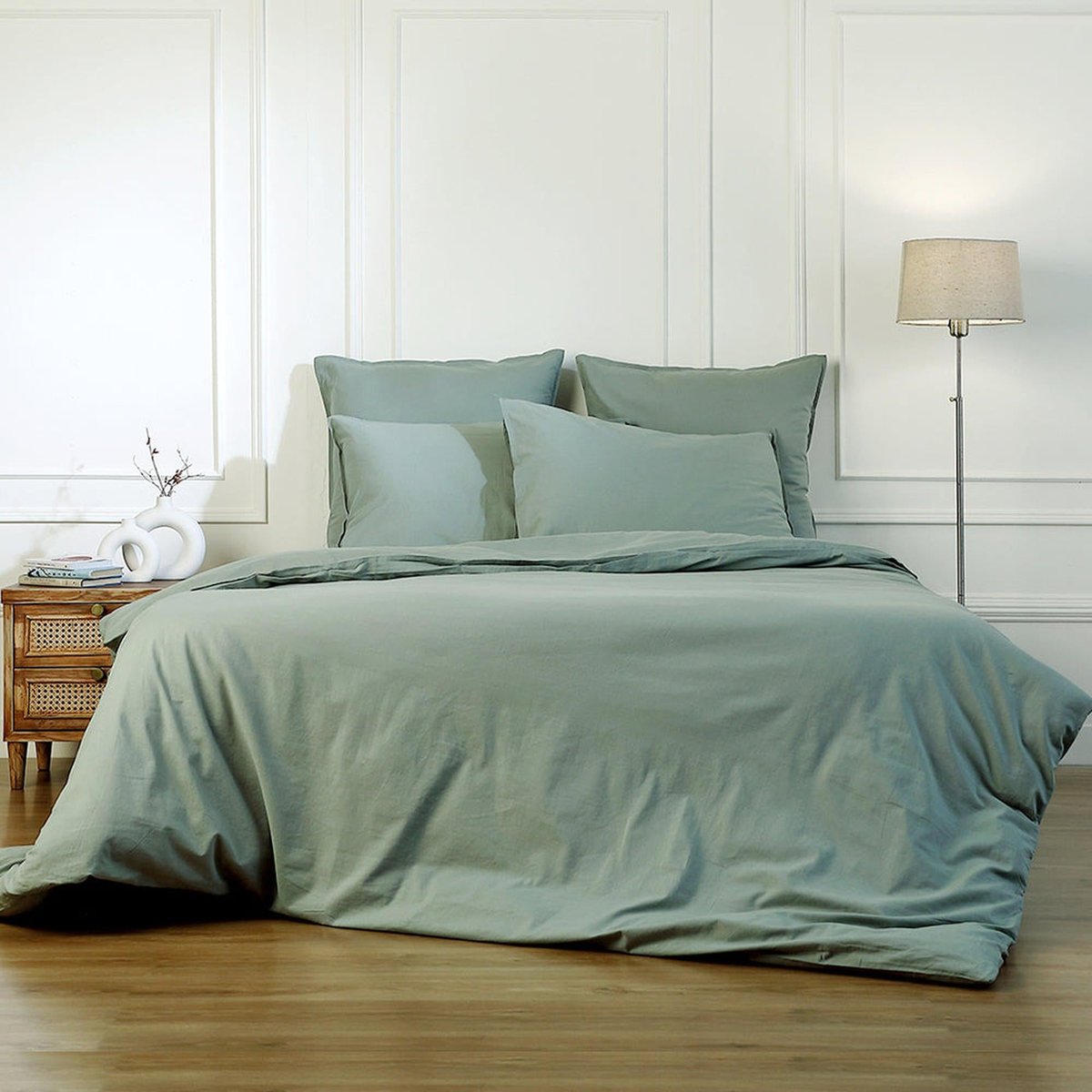 Parure + taies 65x65 coton lavé LUNA vert céladon, FEBRONIE