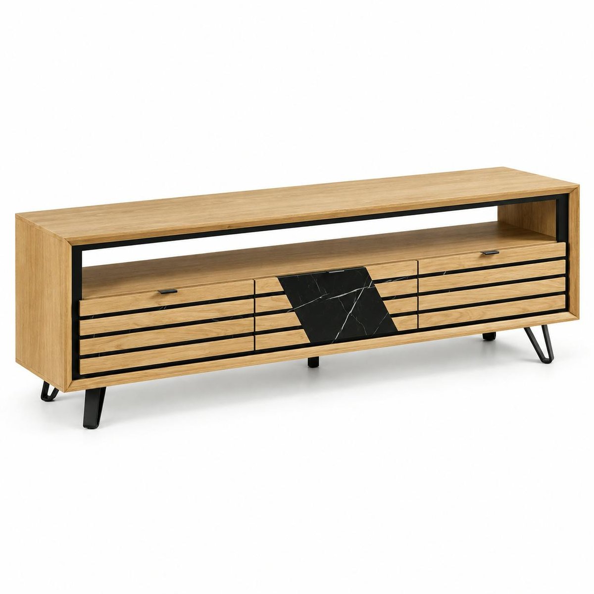 Meuble TV 3 tiroirs chêne blanc décor graphique ESSEN chêne blanc, PIER IMPORT