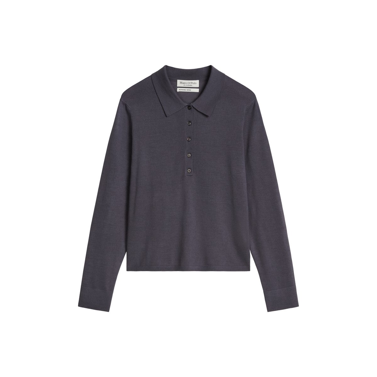 Polo en maille fine regular en noble mélange de laine mérinos et de viscose gris foncé, MARC O'POLO