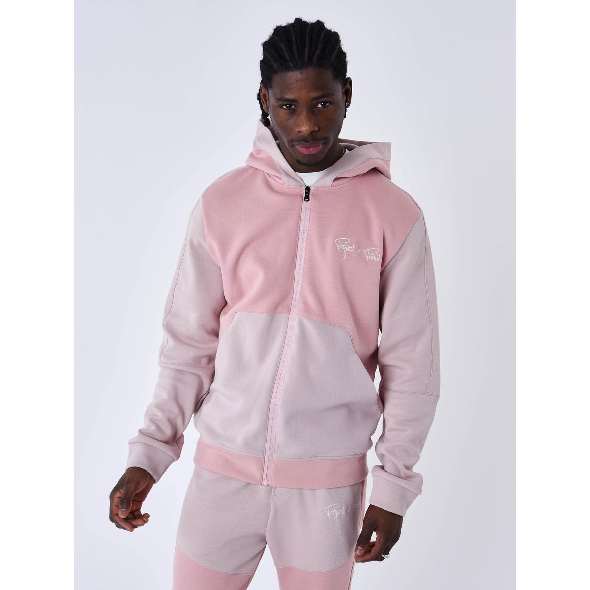Sweat à Capuche zippé two tone rose poudré, PROJECT X