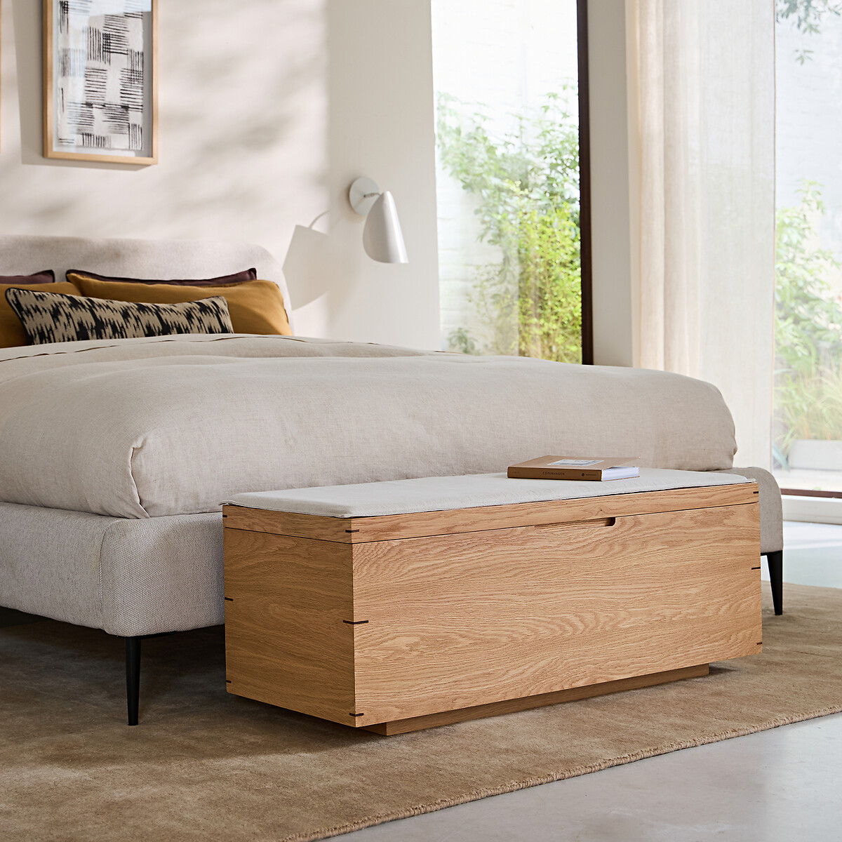 Coffre banc en chêne massif et MDF plaqué chêne, avec coussin, HIBASHI chêne naturel, AM.PM