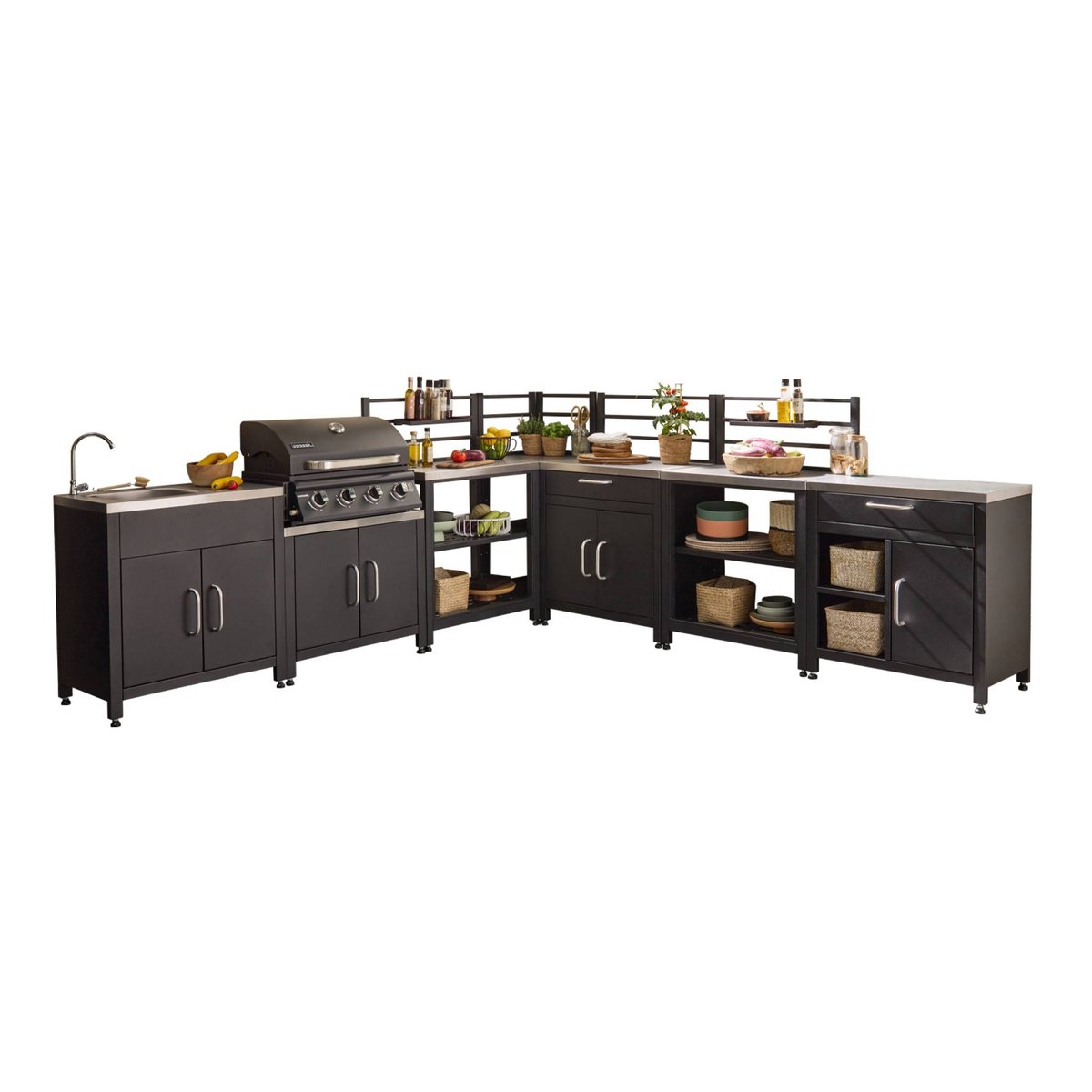 Cuisine d'extérieure 7 modules avec barbecue gaz 4 brûleurs sur pieds, thermomètre GRIMAUD BARBECUE GAZ + 7 MODULES noir, SWEEEK