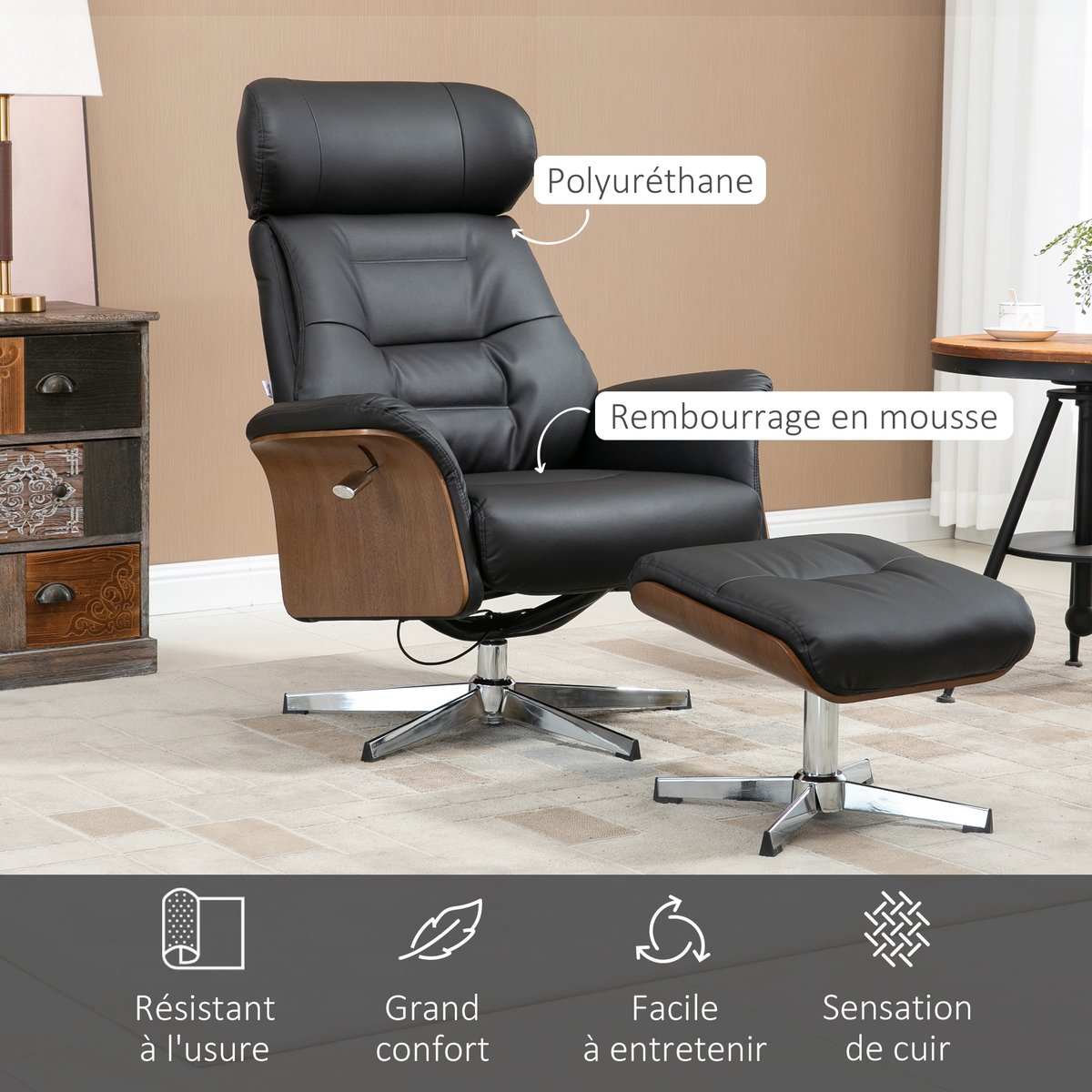 Fauteuil inclinable avec repose-pieds noir, HOMCOM