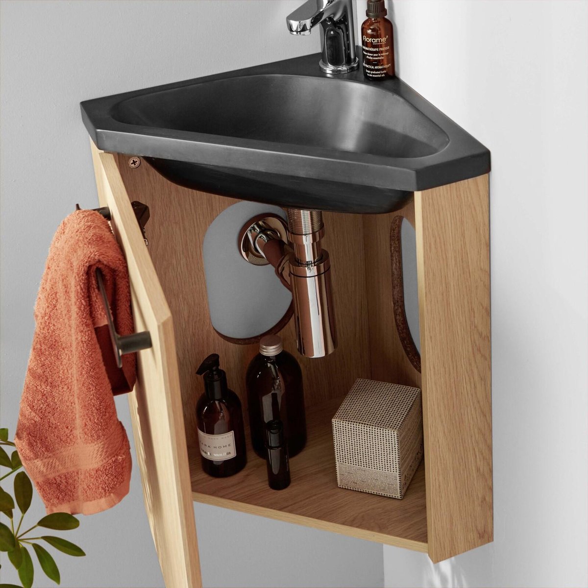 Ensemble lave-mains angle avec robinet et armoire SKINO décor chêne (vasque noire), MOB IN