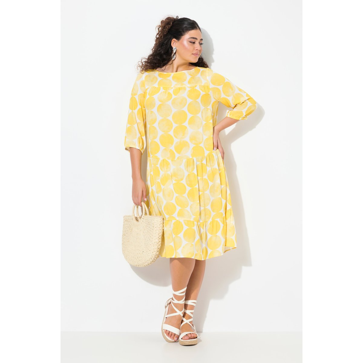 Robe à encolure bateau et manches 3/4. Motif blanc neige, ULLA POPKEN
