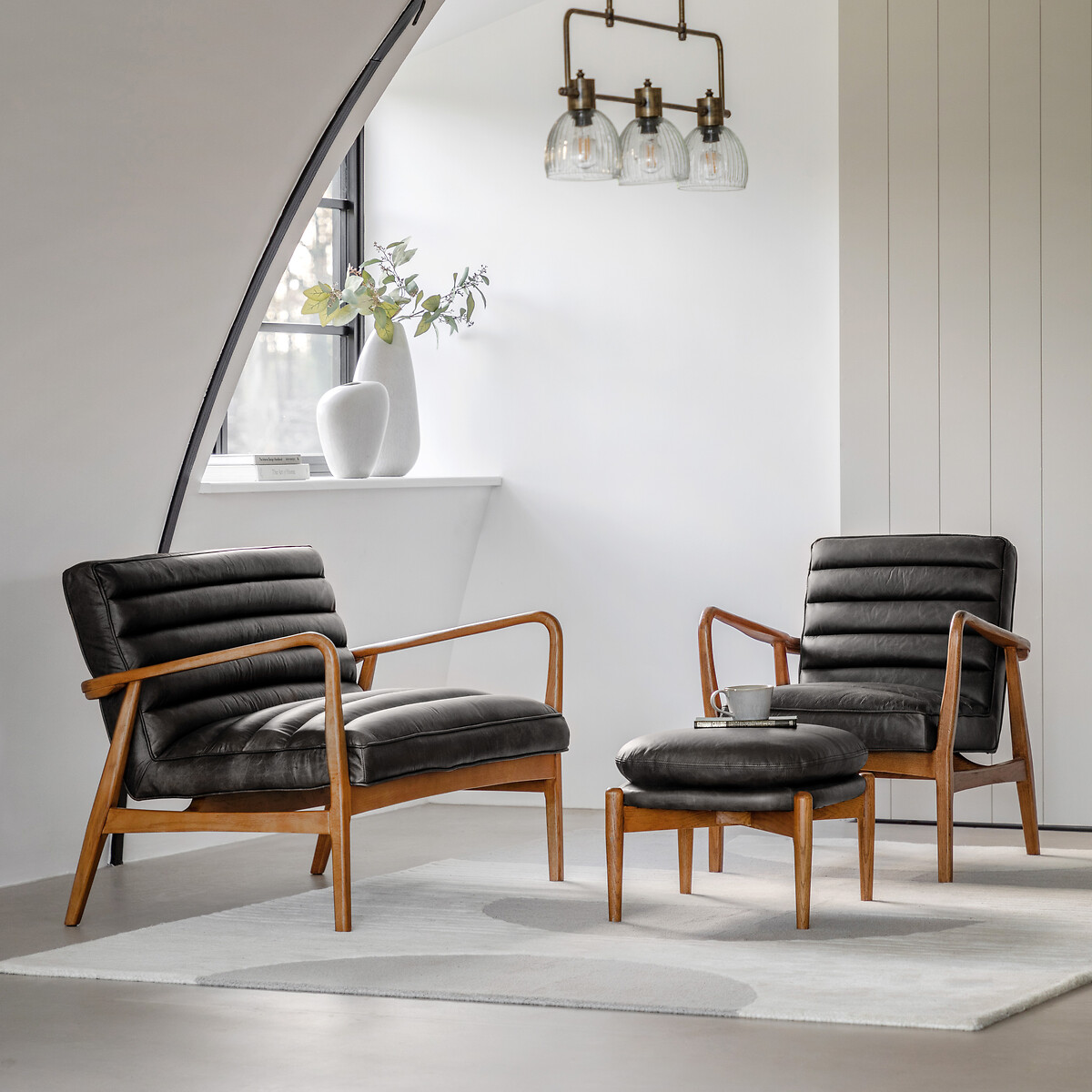 Fairfield Mid-Century Leather Footstool ebony black, ÉDITÉ