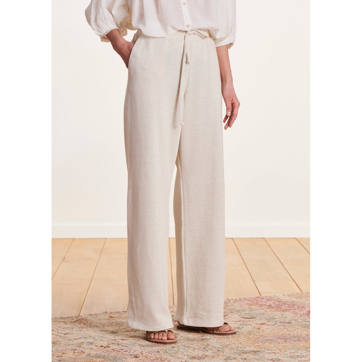 Pantalon large en maille à taille élastiquée ecru, LA FEE MARABOUTEE
