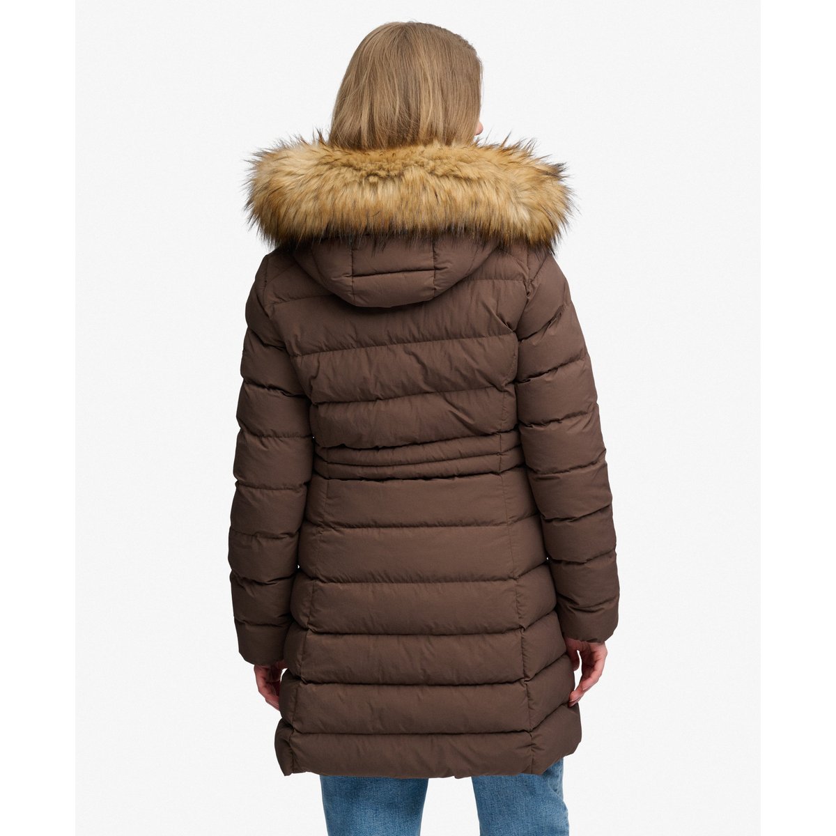 Manteau Fuji Mi-Long à Capuche en imitation Fourrure marron fougère, SUPERDRY